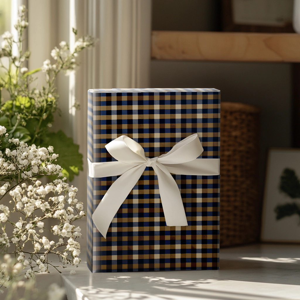 Blue Gingham Crest Wrapping Paper