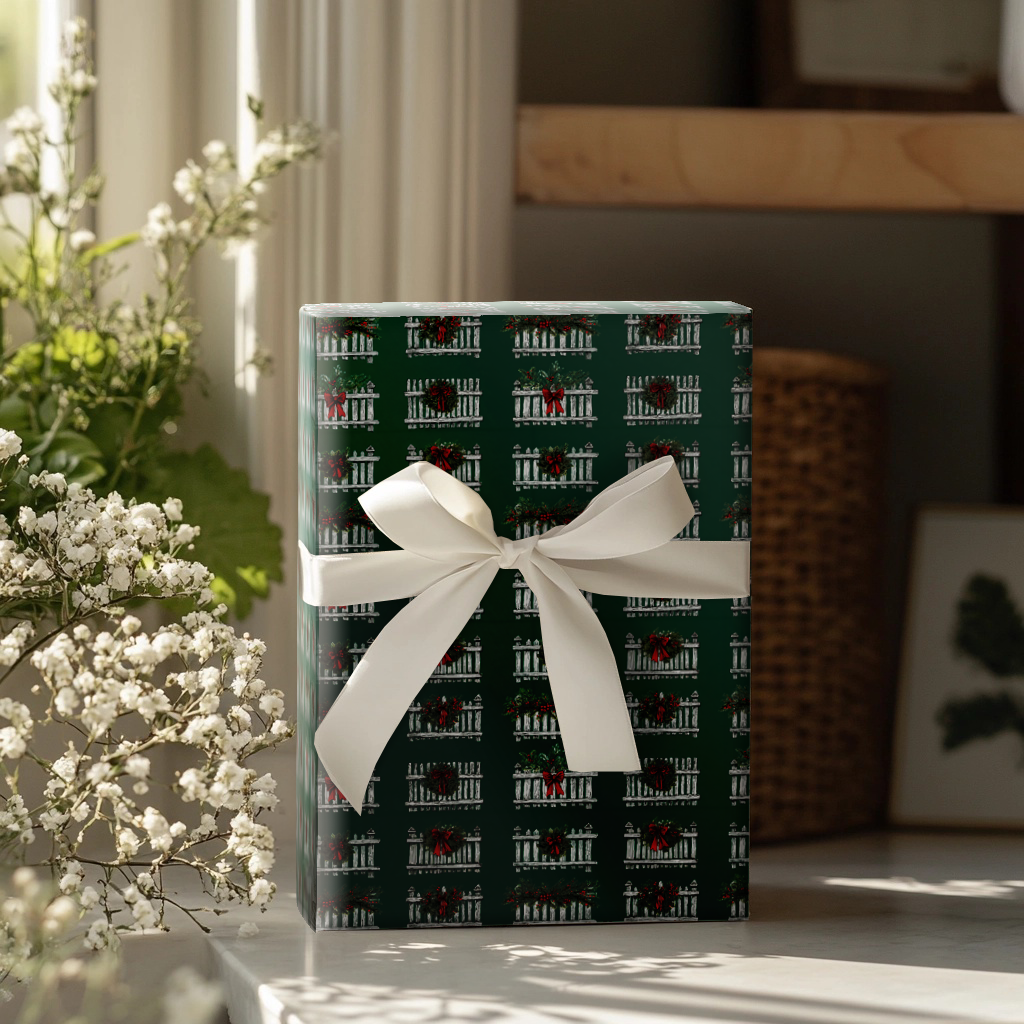 White Picket Christmas Wrapping Paper