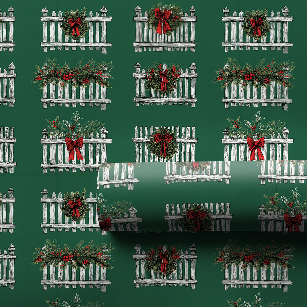 White Picket Christmas Wrapping Paper