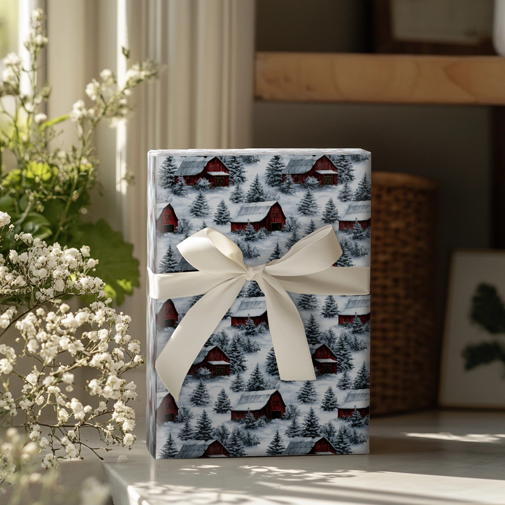 Red Barn Snow Wrapping Paper